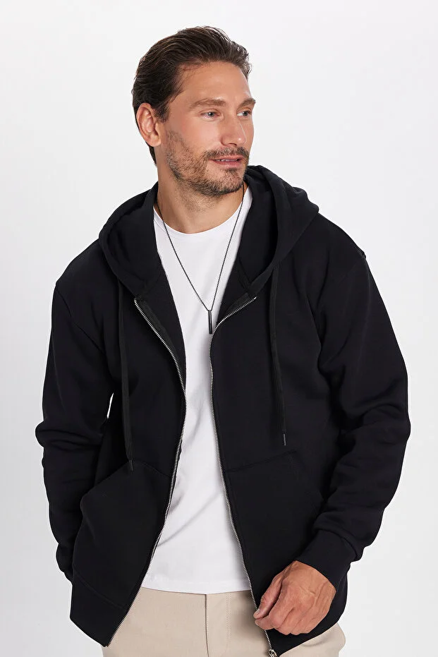 Unisex Relax Fit Rahat Kesim Pamuklu İçi Polarlı Çift Cepli Fermuarlı Siyah Kapüşonlu Sweatshirt